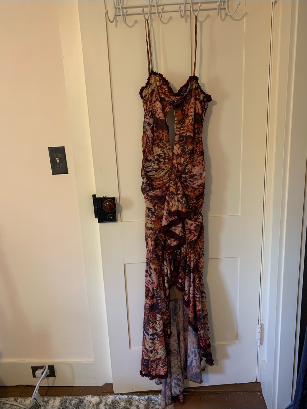 Women's maxi dress with cut out in Brown and Pink butterfly pattern